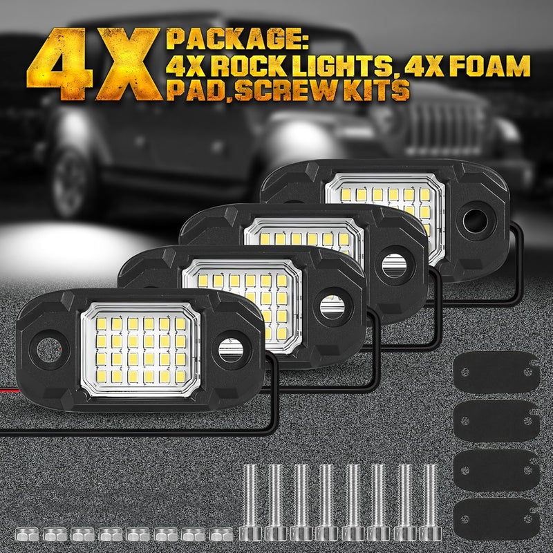 LY8 4 Pods White Rock Lights 24 LEDs Chips Waterproof Neon Trail Rig Lamp Underglow Light for Car Truck Motorcycle Boat SUV ATV UTV (White) - Image 5
